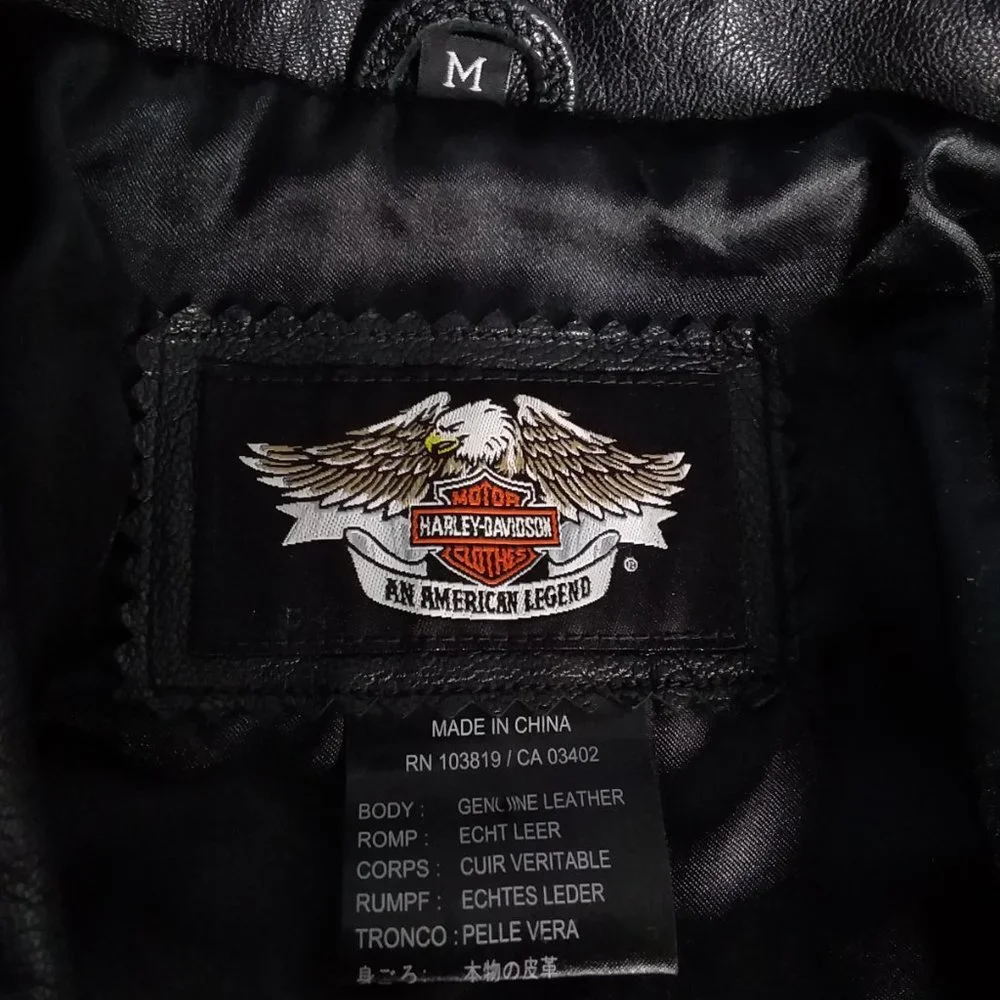 Harley Davidson Black Leather Moto Jacket Embroidered Logo Rose Size Medium - Picture 12 of 12
